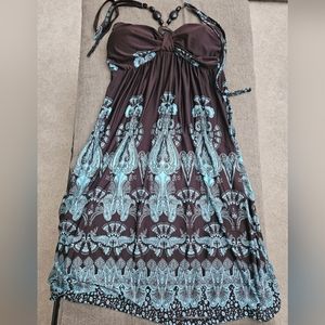 Beautiful brown and blue halter neck dress for an island holiday.